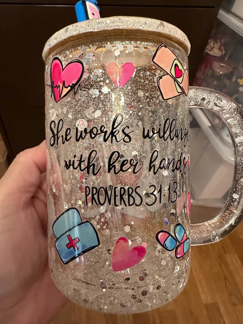 15oz Glass Coffee Mug w/ Glitter Handle