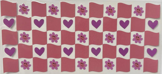 Pink boxes w/ purple flowers and hearts