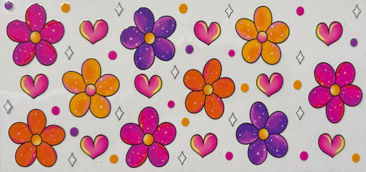Pink Yellow Orange and Purple flowers w/ pink hearts