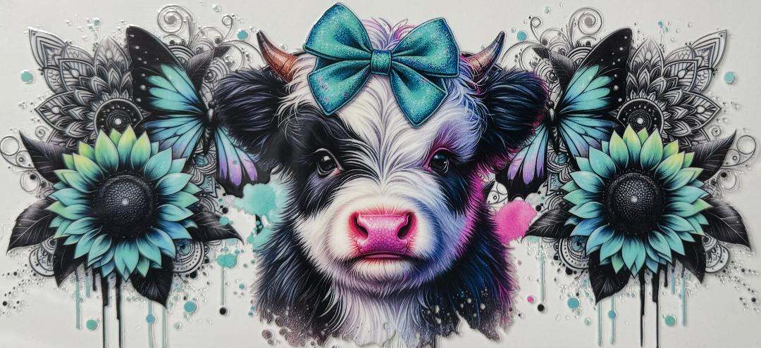 Highland cow w/ blue sunflowers