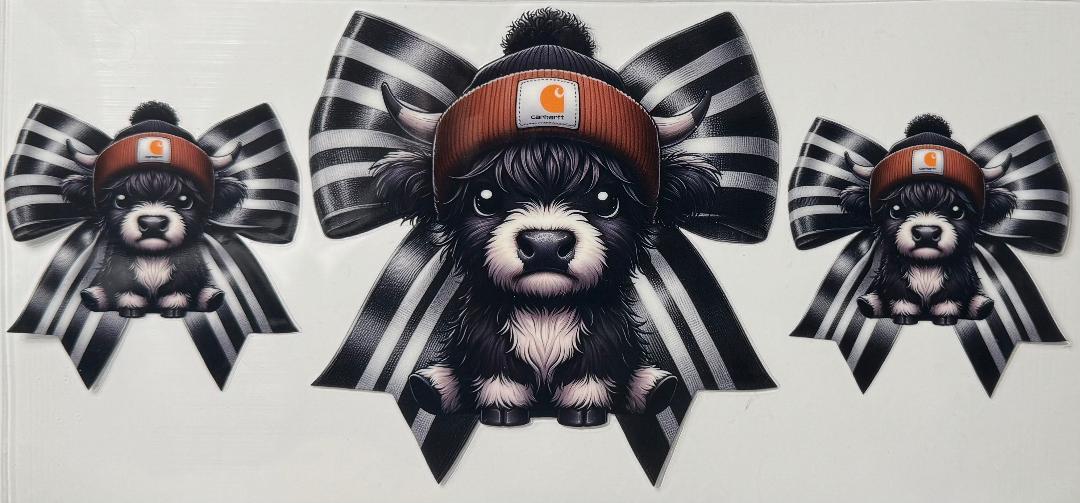 Black and white highland cow carhartt striped bow