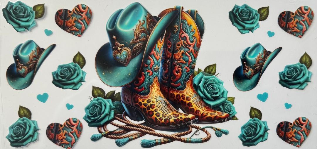 Cowboy hat and boots with blue roses