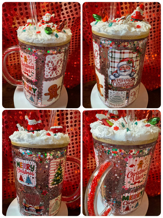 15oz Glass Christmas Coffee mug with Glitter Handle