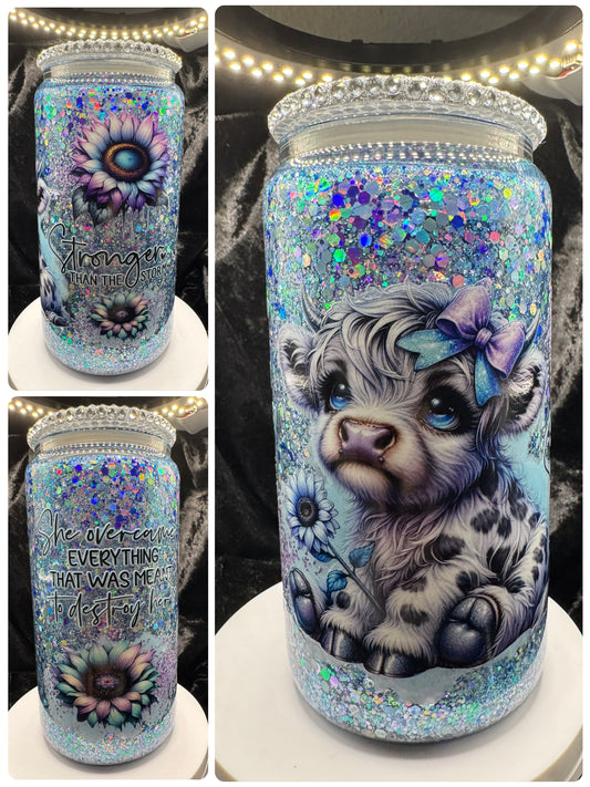16oz “Stronger” Highland Cow Glass Tumbler
