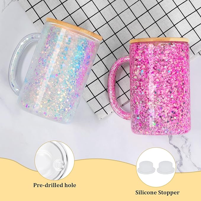 15oz Glass Coffee Mug w/ Glitter Handle