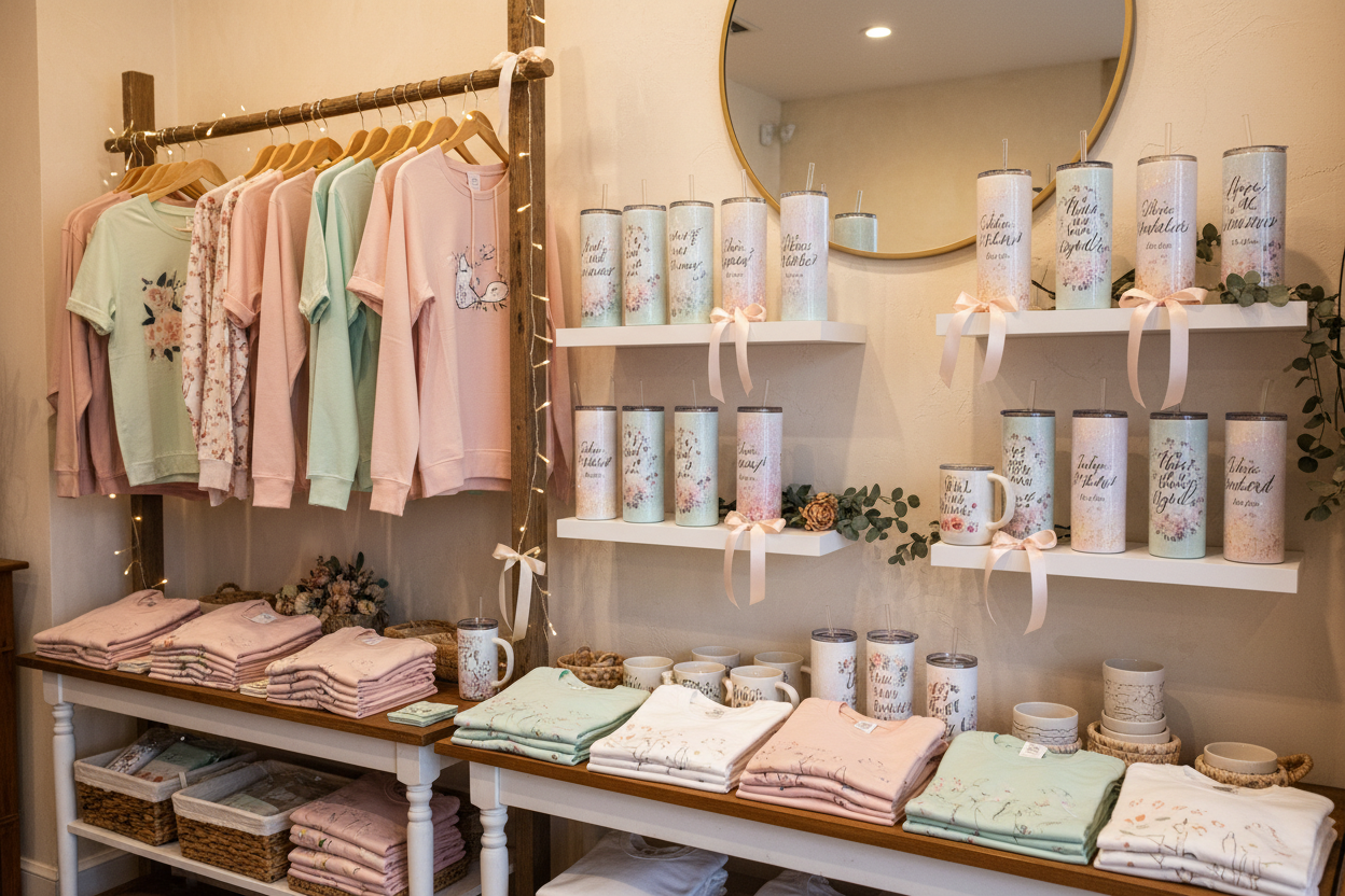 handmade t-shirts, sweatshirts, hoodies and tumblers in a girly store