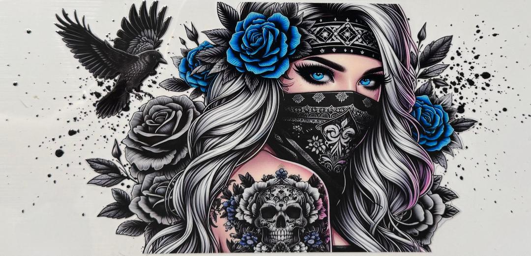Beautiful blue rose bandana girl w/ crow