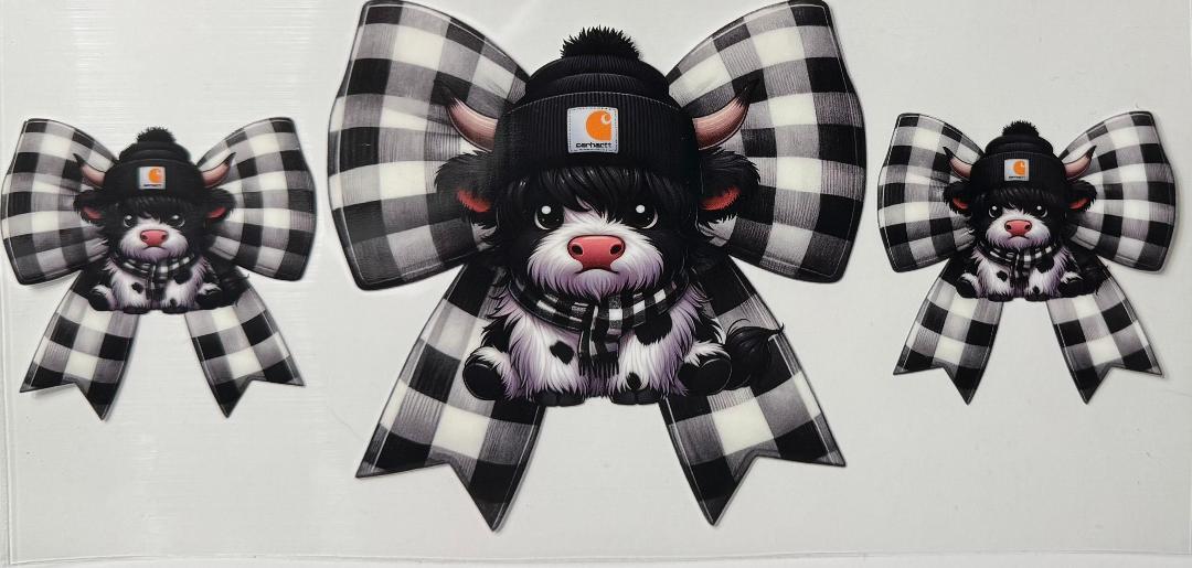 Black and white highland cow carhartt checkered bow