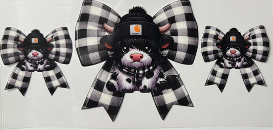 Black and white highland cow carhartt checkered bow
