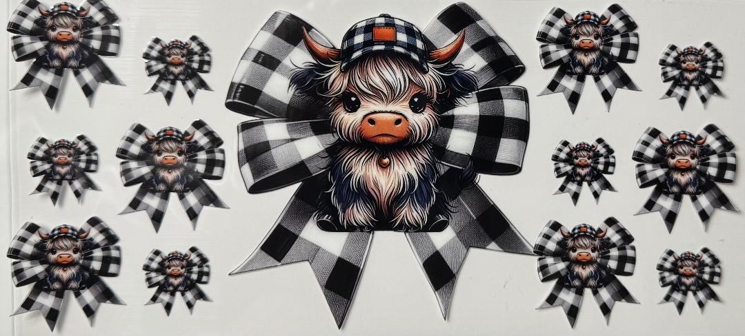 Highland cow w/ black and white checkered bow