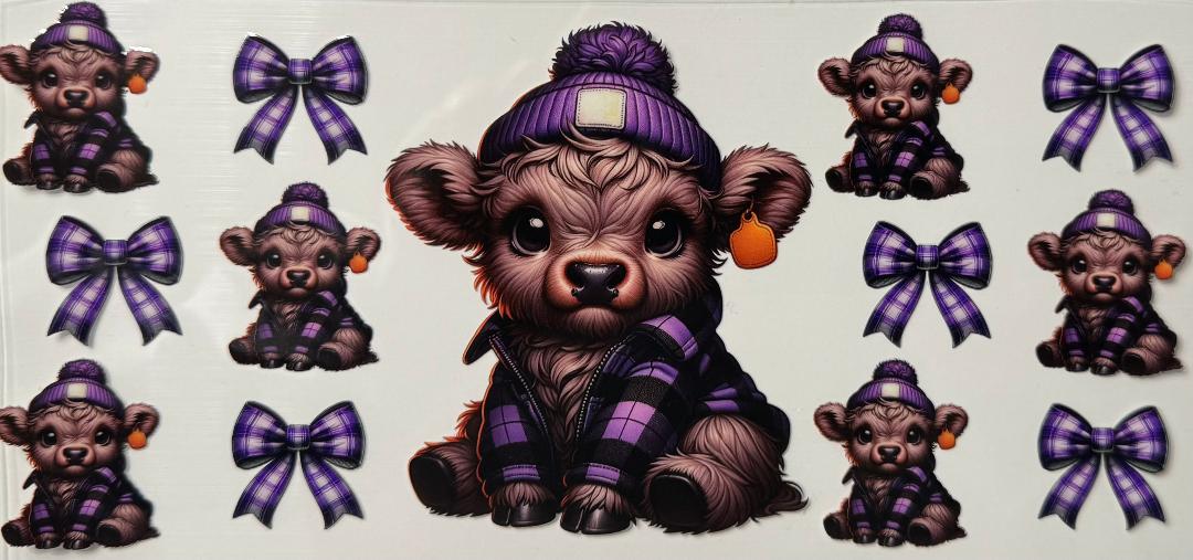 Highland cow ear tag w/ purple and white checkered bows