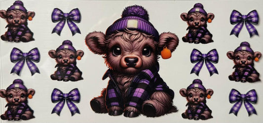 Highland cow ear tag w/ purple and white checkered bows