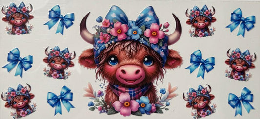 Blue eyed Highland cow with blue bows and flowers