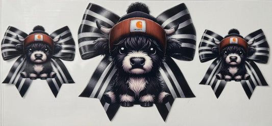 Black and white highland cow carhartt striped bow