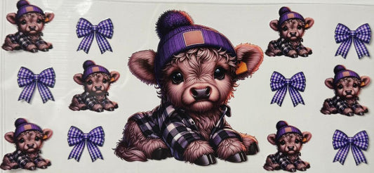 Highland cow w/ purple and white checkered bows